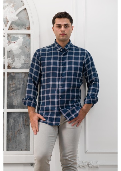 Slimfit Ekoseli Yaka Düğmeli Mevsimlik Kumaş Erkek Gömlek