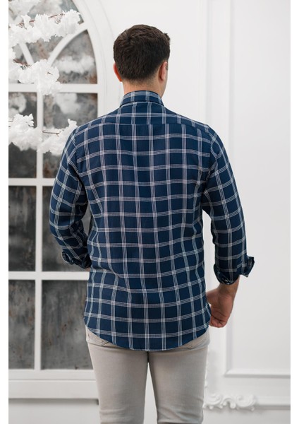 Slimfit Ekoseli Yaka Düğmeli Mevsimlik Kumaş Erkek Gömlek fırsatları