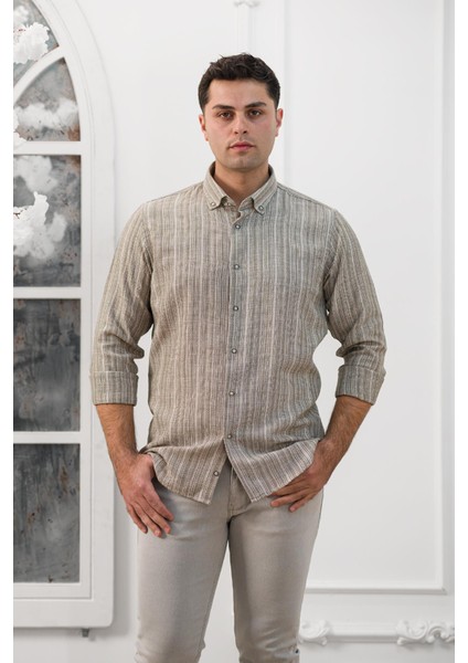 Hasırlı Dokumalı Slimfit Çizgili Yaka Düğmeli Mevsimlik Kumaş Erkek Gömlek fiyatları