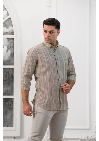 Hasırlı Dokumalı Slimfit Çizgili Yaka Düğmeli Mevsimlik Kumaş Erkek Gömlek modelleri