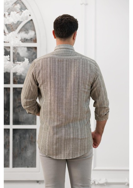 Hasırlı Dokumalı Slimfit Çizgili Yaka Düğmeli Mevsimlik Kumaş Erkek Gömlek fırsatları