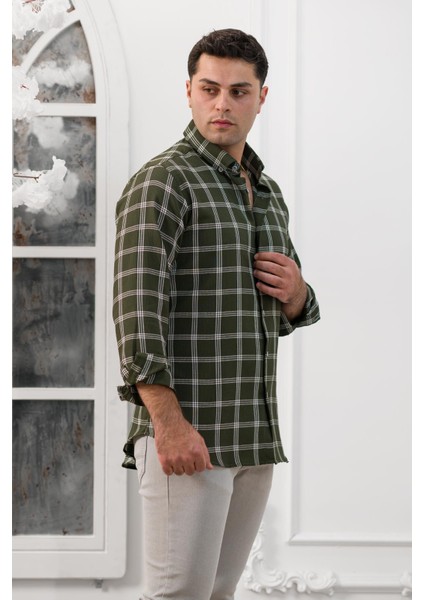 Slimfit Ekoseli Yaka Düğmeli Mevsimlik Kumaş Erkek Gömlek modelleri
