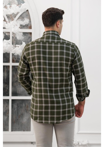 Slimfit Ekoseli Yaka Düğmeli Mevsimlik Kumaş Erkek Gömlek fırsatları