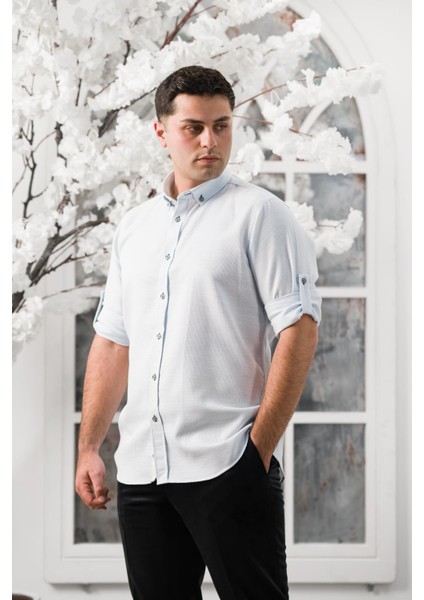Slimfit Katlamalı Kol Hasırlı Armürlü Yaka Düğmeli Erkek Gömlek fiyatları