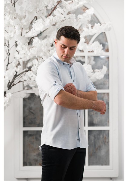 Slimfit Katlamalı Kol Hasırlı Armürlü Yaka Düğmeli Erkek Gömlek modelleri