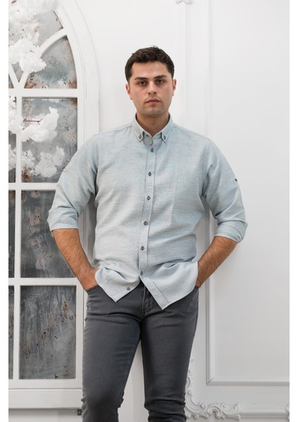 Slimfit Katlamalı Kol Hasırlı Armürlü Yaka Düğmeli Erkek Gömlek modelleri