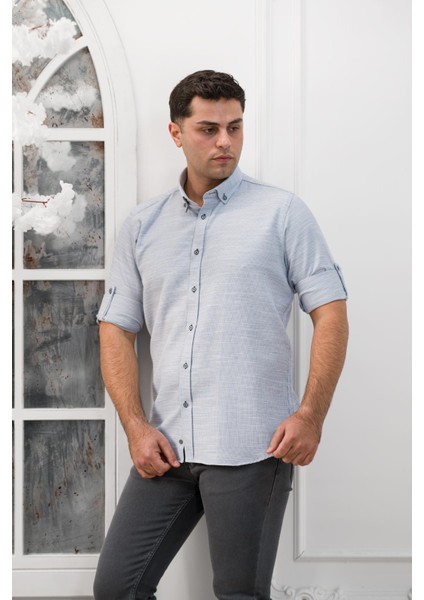 Slimfit Katlamalı Kol Hasırlı Armürlü Yaka Düğmeli Erkek Gömlek fiyatları