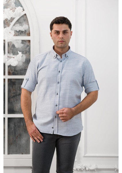 Slimfit Katlamalı Kol Hasırlı Armürlü Yaka Düğmeli Erkek Gömlek modelleri