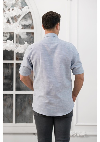 Slimfit Katlamalı Kol Hasırlı Armürlü Yaka Düğmeli Erkek Gömlek fırsatları