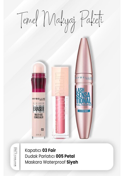 Eraser Kapatıcı 03, Waterproof Maskara Black ve Dudak Parlatıcısı 005 Petal