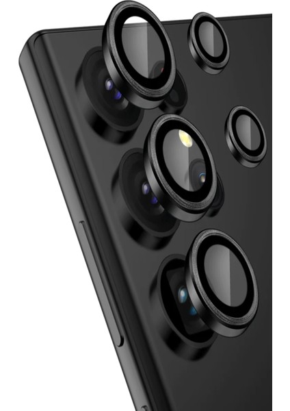 Caseworld Samsung Galaxy S23 Ultra Alüminyum Alaşım Temperli Cam Kamera Lens Koruyucu - Siyah