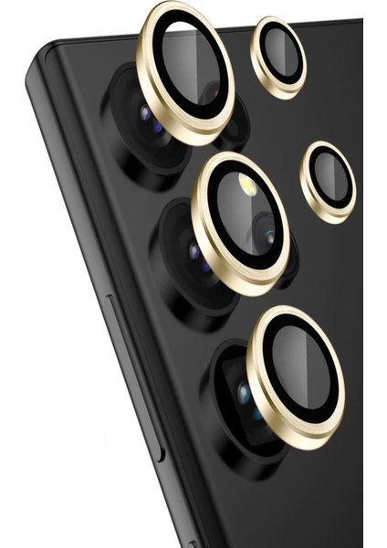 Samsung Galaxy S23 Ultra Alüminyum Alaşım Temperli Cam Kamera Lens Koruyucu - Gold