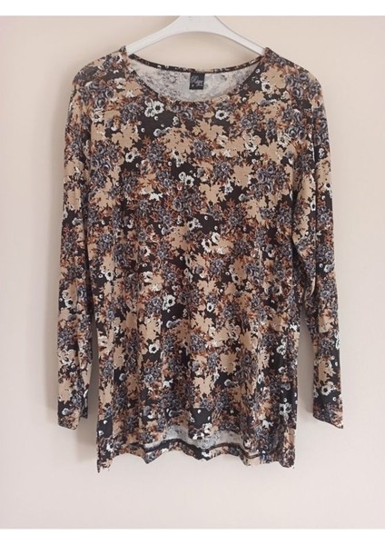 Kadın Kahverengi Çiçek Desenli Penye Bluz