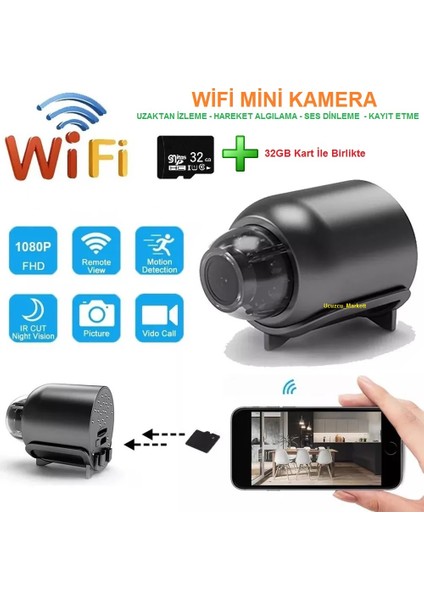 Wifi Mini Kamera + 32GB Kart (Gece Görüşlü - Uzaktan Izleme -Ses Dinleme- Kayıt Yapma) Şarjlı Değildir
