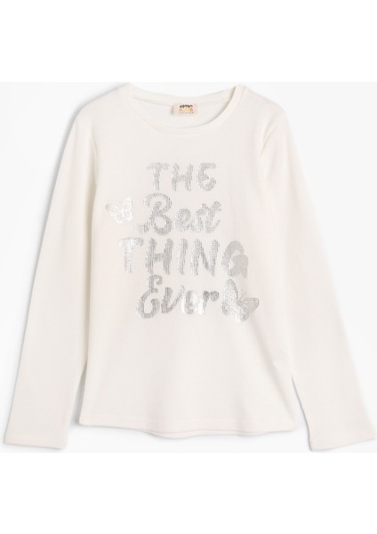 Tişört Uzun Kollu Bisiklet Yaka Dokulu Slogan Baskılı Pamuklu