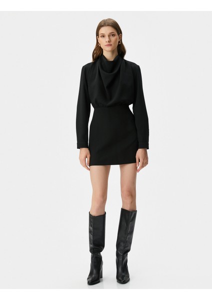 Drape Yaka Elbise Mini Uzun Kollu