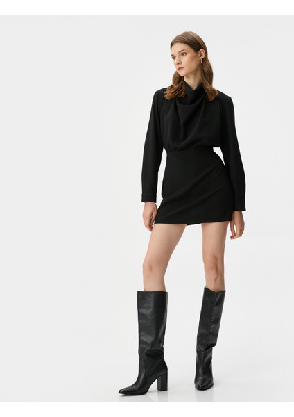Drape Yaka Elbise Mini Uzun Kollu