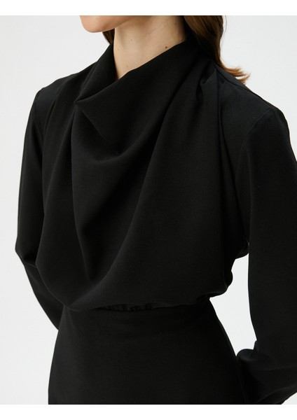 Drape Yaka Elbise Mini Uzun Kollu