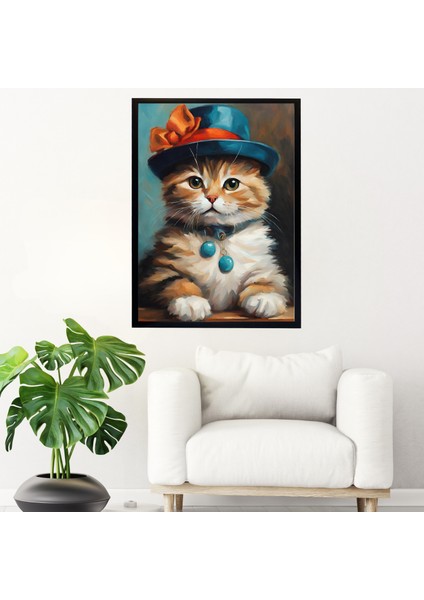 Çerçeveli Şapkalı Kedi Tablo -Modern Kanvas Baskı Tablo - Tablo Dıştan Dışa Ölçü 55CMX75CM