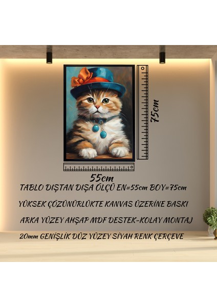 Çerçeveli Şapkalı Kedi Tablo -Modern Kanvas Baskı Tablo - Tablo Dıştan Dışa Ölçü 55CMX75CM