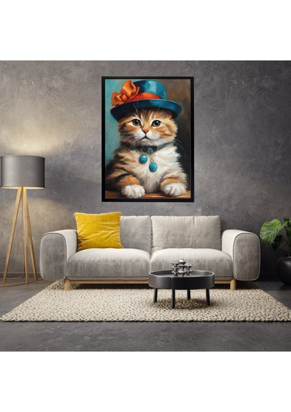 Çerçeveli Şapkalı Kedi Tablo -Modern Kanvas Baskı Tablo - Tablo Dıştan Dışa Ölçü 55CMX75CM