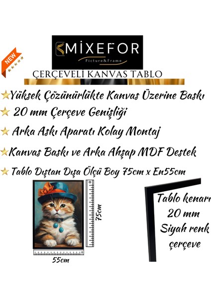 Çerçeveli Şapkalı Kedi Tablo -Modern Kanvas Baskı Tablo - Tablo Dıştan Dışa Ölçü 55CMX75CM