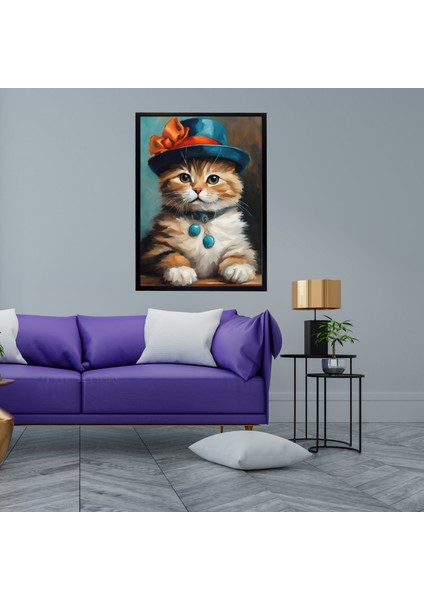 Çerçeveli Şapkalı Kedi Tablo -Modern Kanvas Baskı Tablo - Tablo Dıştan Dışa Ölçü 55CMX75CM