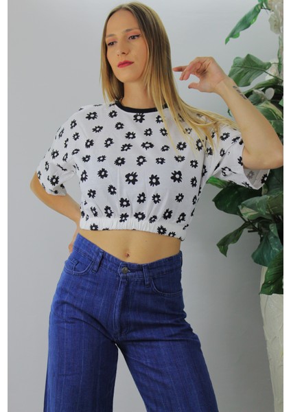 1 Dünya Shop 1ds 1 Dünya Shop Beli Lastikli Desenli Crop Tişört Beyaz - 121908 26