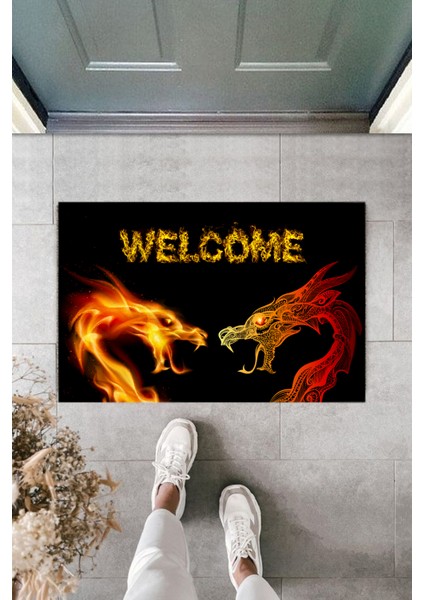 Çok Amaçlı Dijital Baskı Siyah Welcome Ejderha Dış ve Iç Mekan Paspas