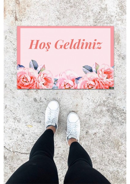 Dijital Baskı Pembe Dış ve Iç Mekan Gül Desen Kapı Önü Paspası