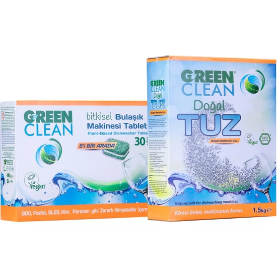 Green Clean Bitkisel Bulaşık Makinesi Tableti 30'lu ve Tuz 1,5 kg
