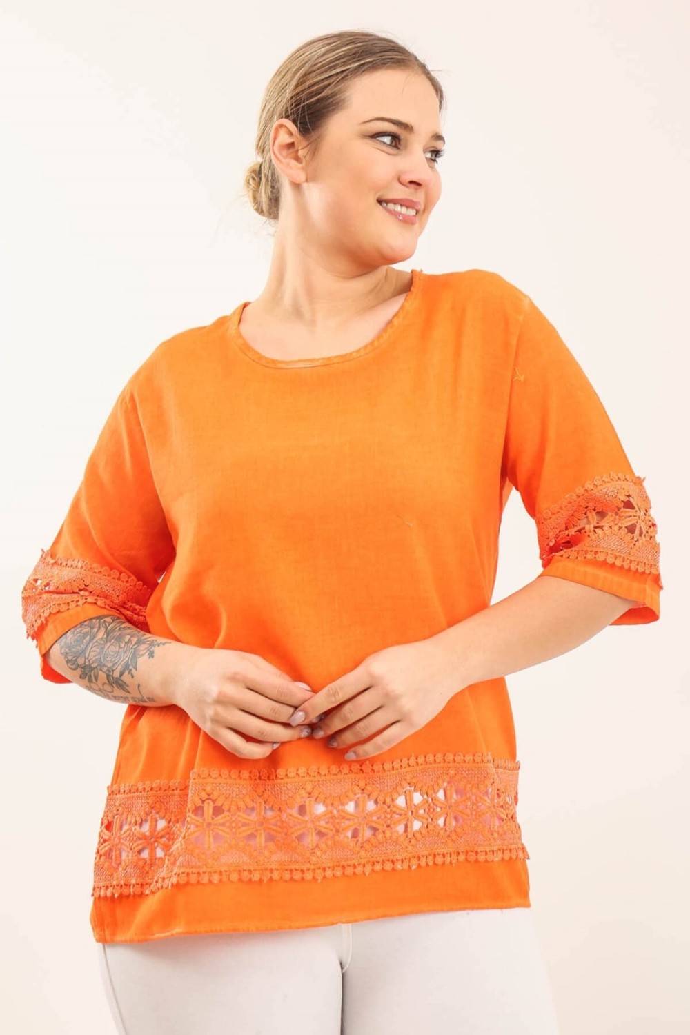 Mia Butik Büyük Beden Keten Turuncu Eteği Dantel Detaylı Bluz
