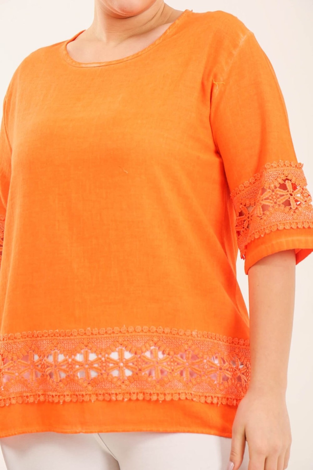 Mia Butik Büyük Beden Keten Turuncu Eteği Dantel Detaylı Bluz görsel 3