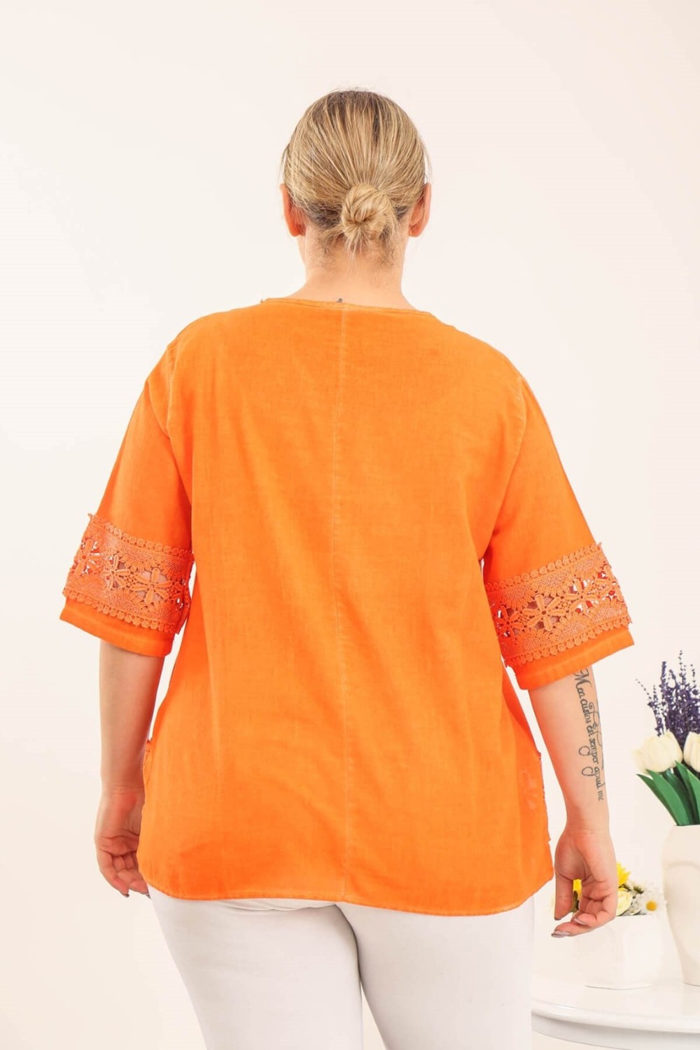 Mia Butik Büyük Beden Keten Turuncu Eteği Dantel Detaylı Bluz görsel 4