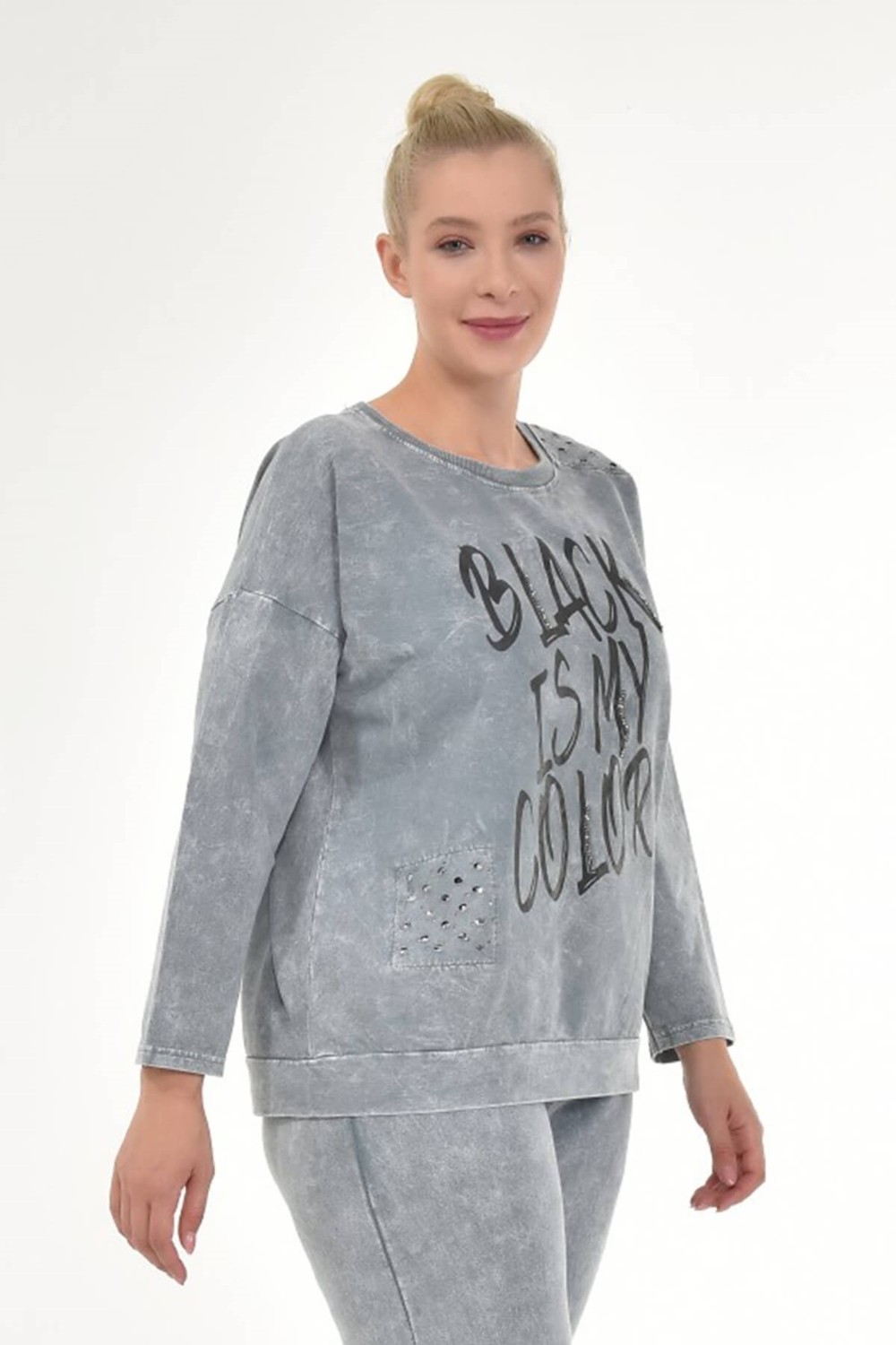 Mia Butik Kadın Büyük Beden İtalyan Yıkamalı Gri Yuvarlak Yaka Sweatshirt görsel 2