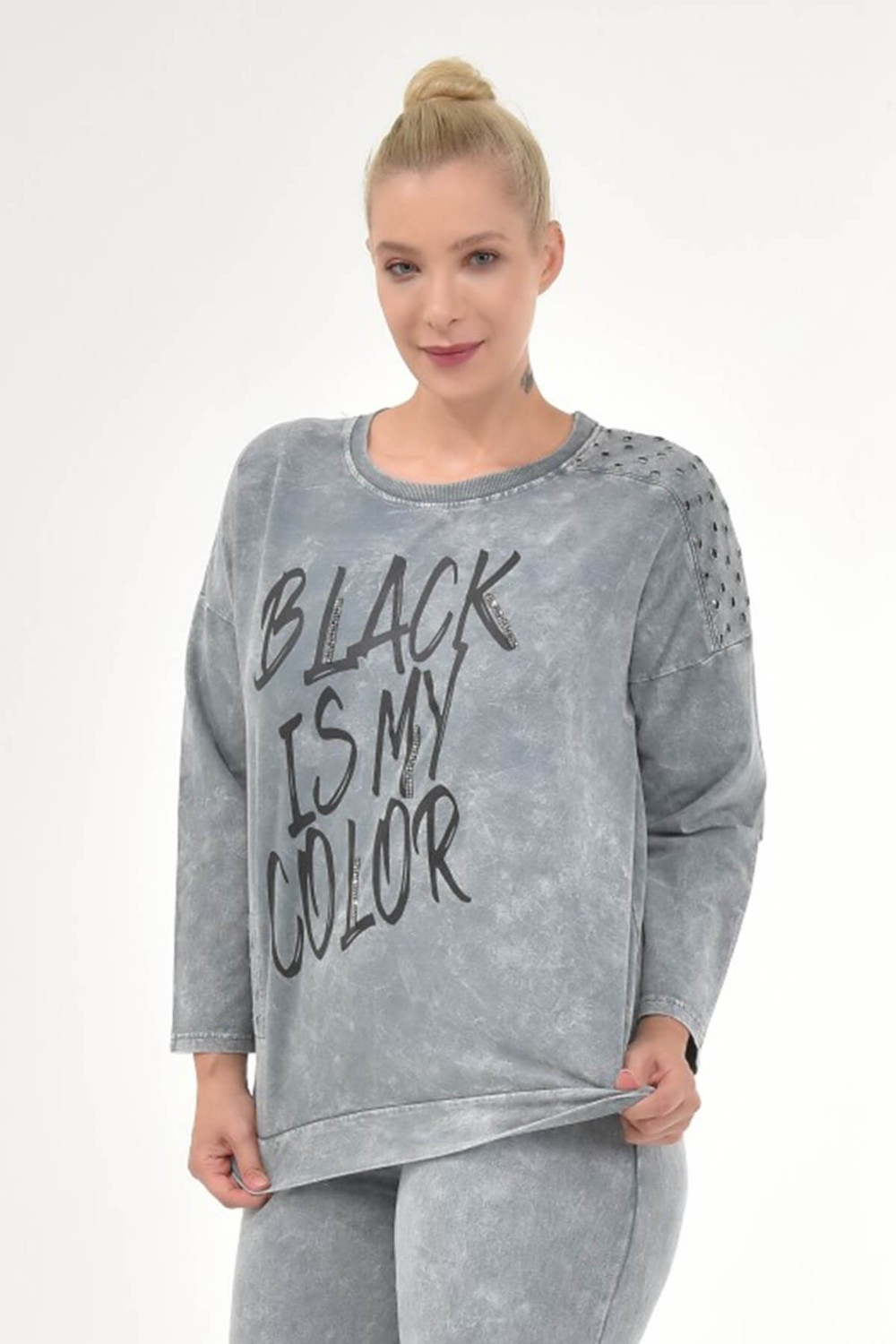 Mia Butik Kadın Büyük Beden İtalyan Yıkamalı Gri Yuvarlak Yaka Sweatshirt görsel 3