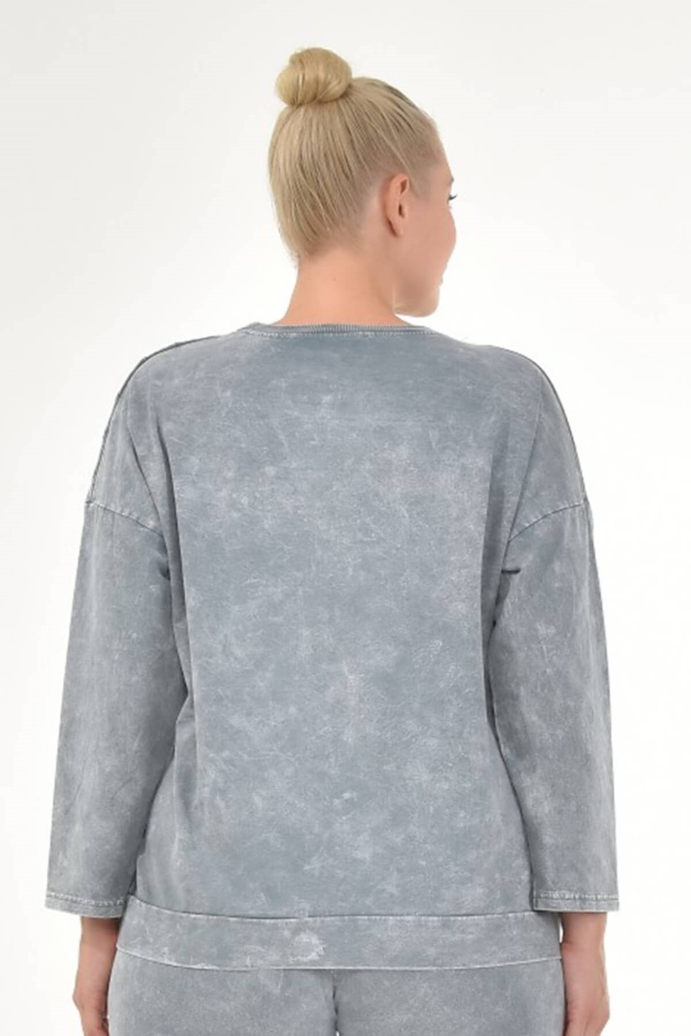 Mia Butik Kadın Büyük Beden İtalyan Yıkamalı Gri Yuvarlak Yaka Sweatshirt görsel 4