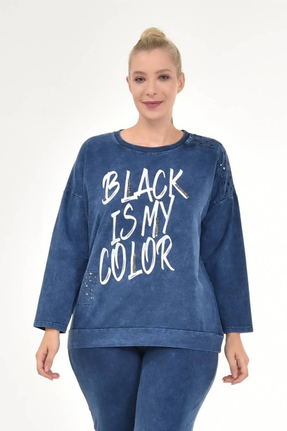 Mia Butik Kadın Büyük Beden İtalyan Yıkamalı Lacivert Yuvarlak Yaka Sweatshirt