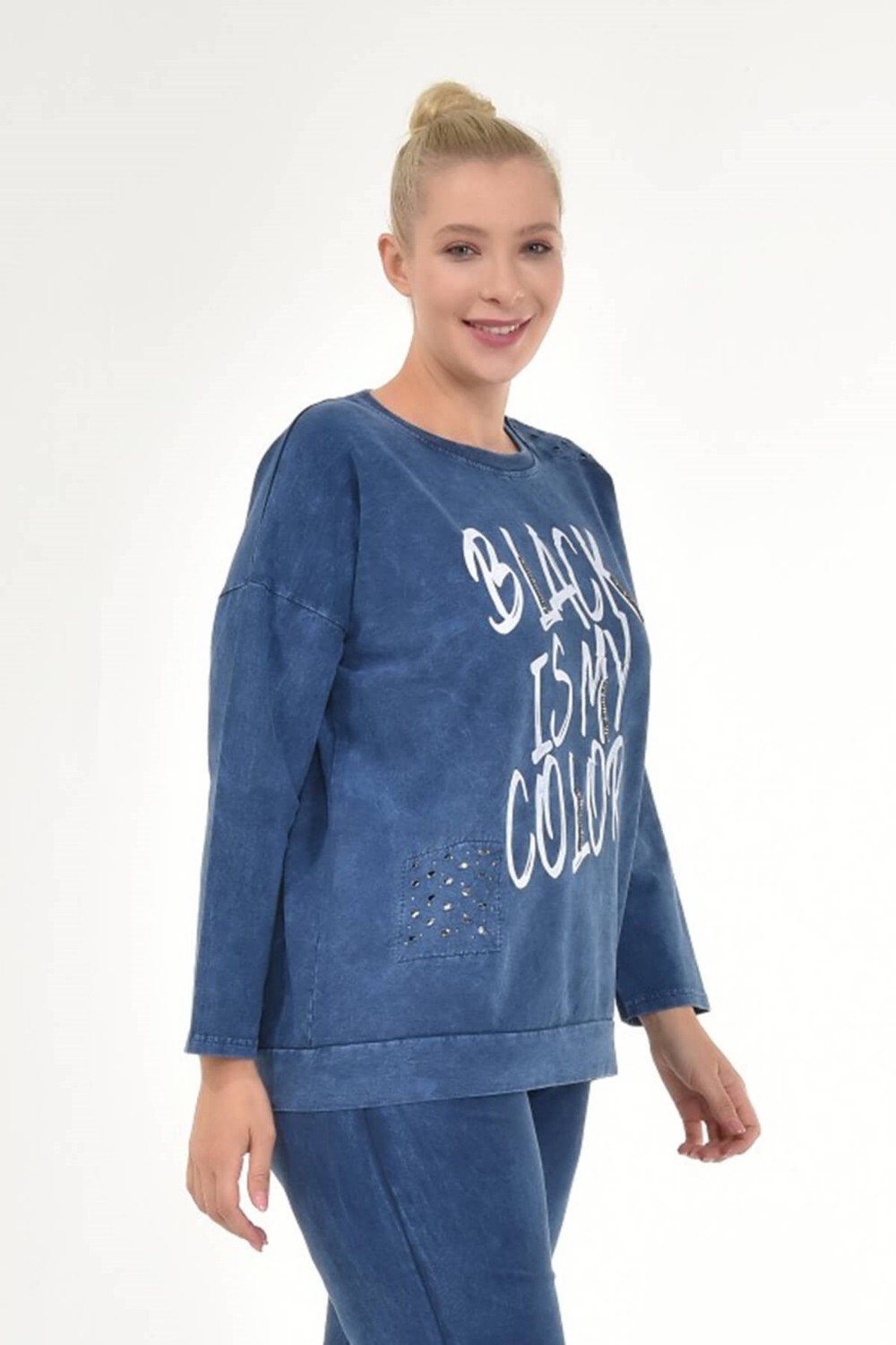 Mia Butik Kadın Büyük Beden İtalyan Yıkamalı Lacivert Yuvarlak Yaka Sweatshirt görsel 2