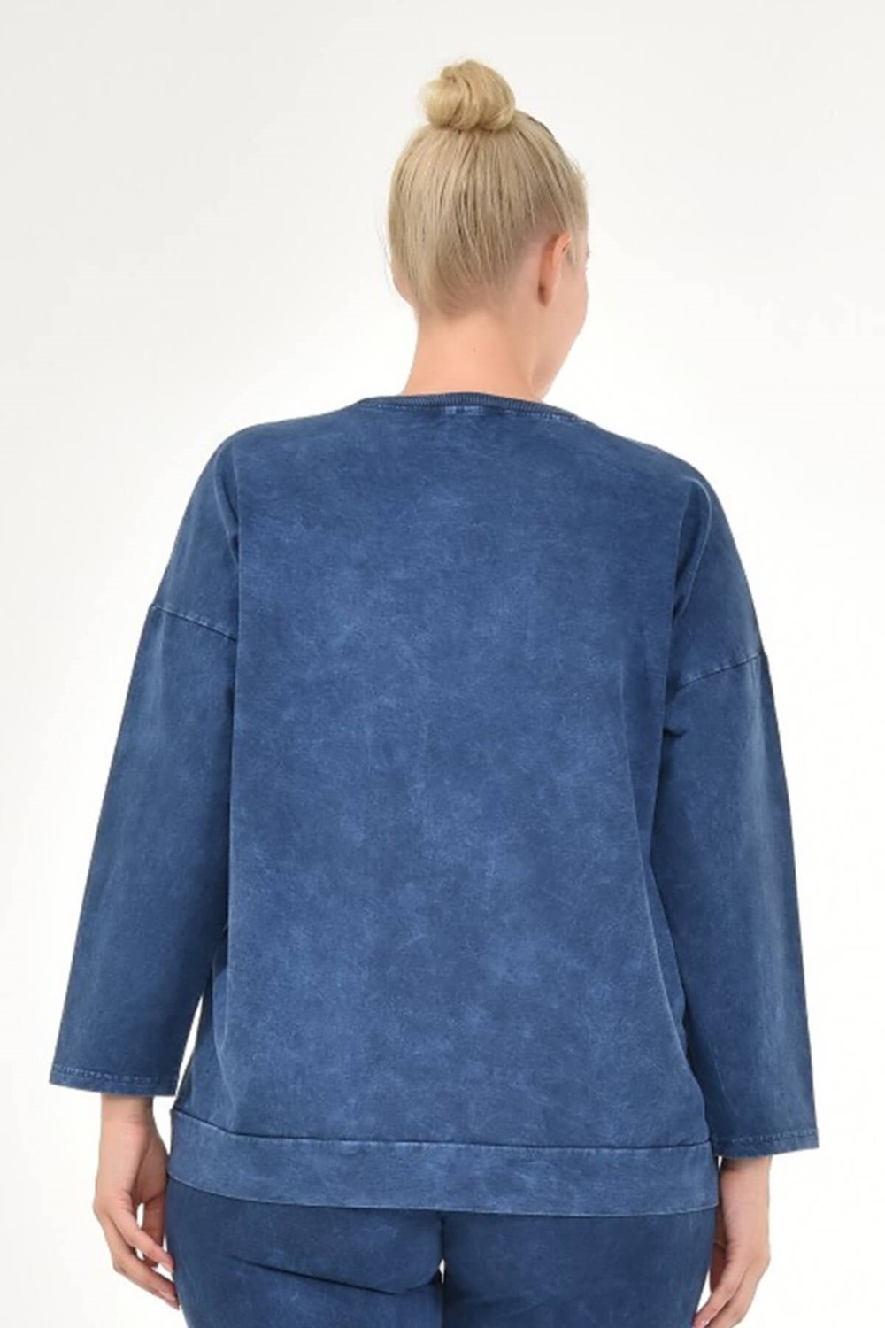 Mia Butik Kadın Büyük Beden İtalyan Yıkamalı Lacivert Yuvarlak Yaka Sweatshirt görsel 4