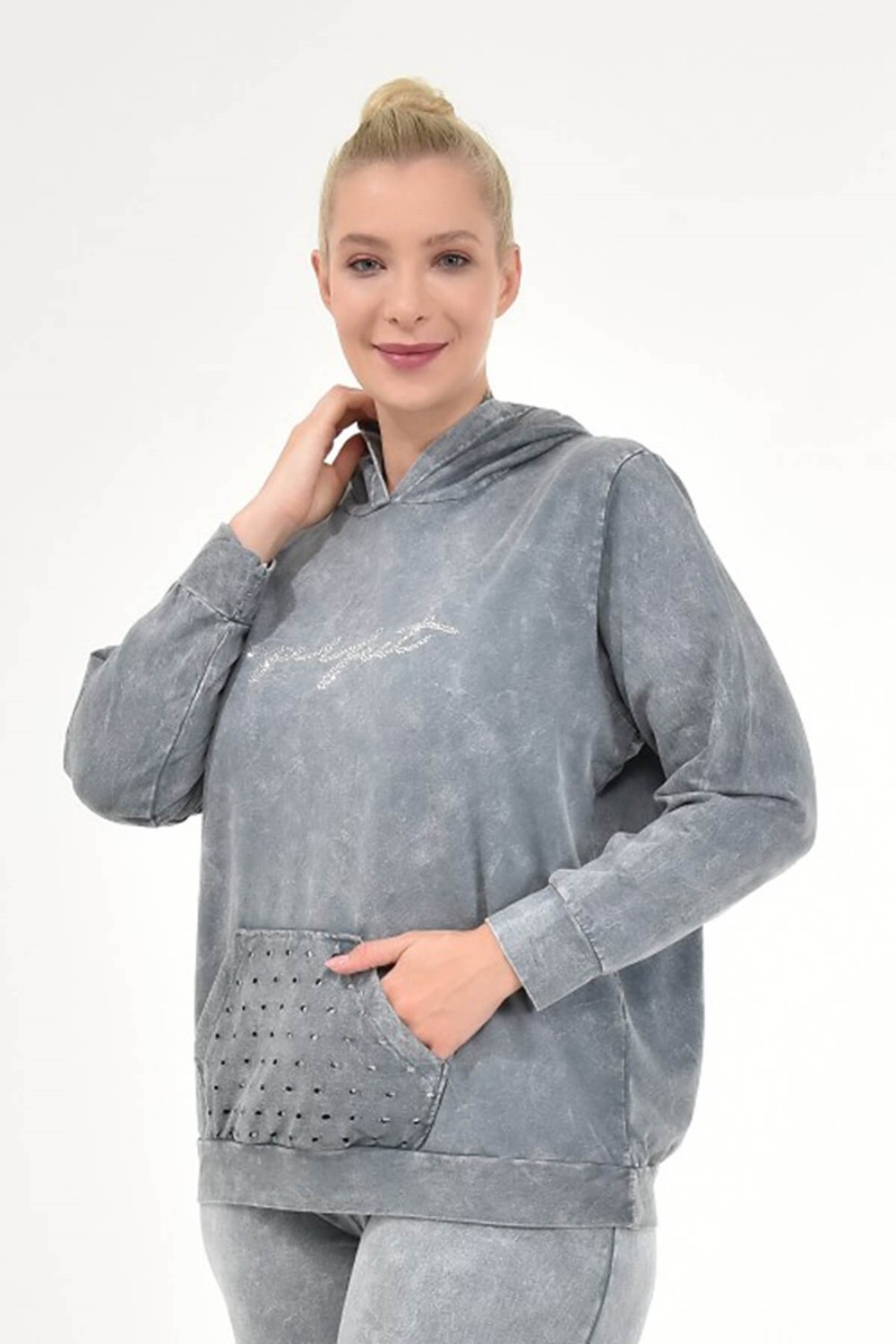 Mia Butik Kadın Büyük Beden İtalyan Yıkama Gri Kapşonlu Sweatshirt görsel 3
