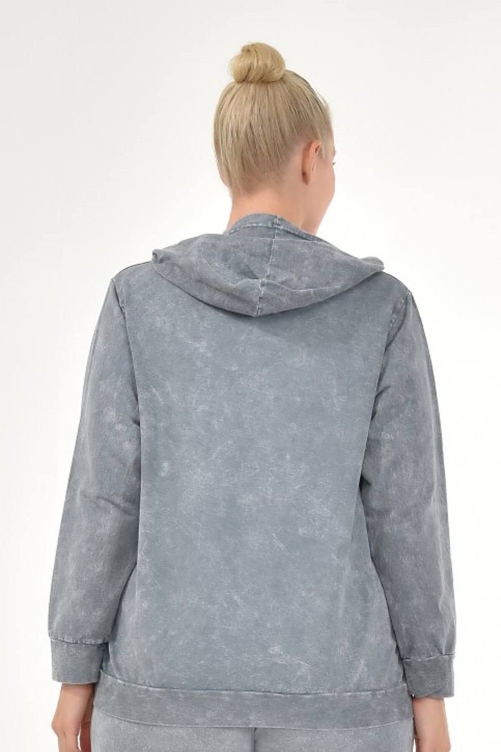 Mia Butik Kadın Büyük Beden İtalyan Yıkama Gri Kapşonlu Sweatshirt görsel 4