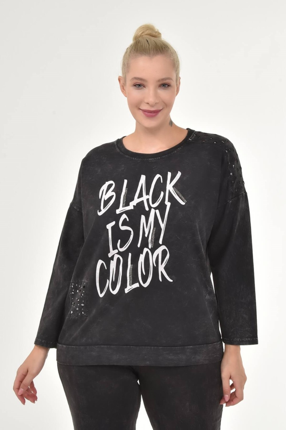 Mia Butik Kadın Büyük Beden İtalyan Yıkamalı Siyah Yuvarlak Yaka Sweatshirt