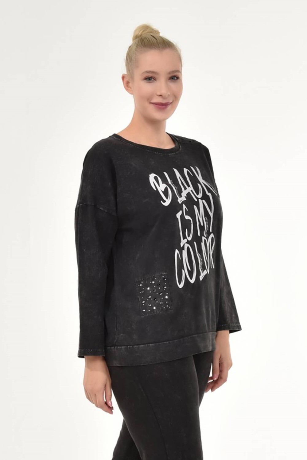 Mia Butik Kadın Büyük Beden İtalyan Yıkamalı Siyah Yuvarlak Yaka Sweatshirt görsel 2