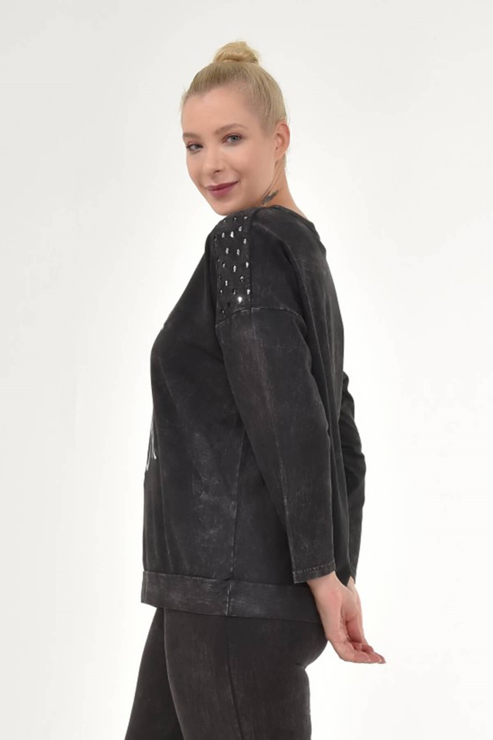 Mia Butik Kadın Büyük Beden İtalyan Yıkamalı Siyah Yuvarlak Yaka Sweatshirt görsel 3