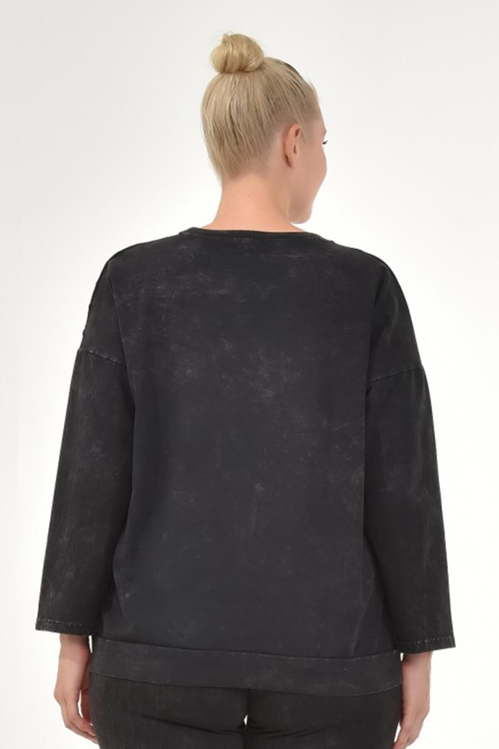 Mia Butik Kadın Büyük Beden İtalyan Yıkamalı Siyah Yuvarlak Yaka Sweatshirt görsel 4