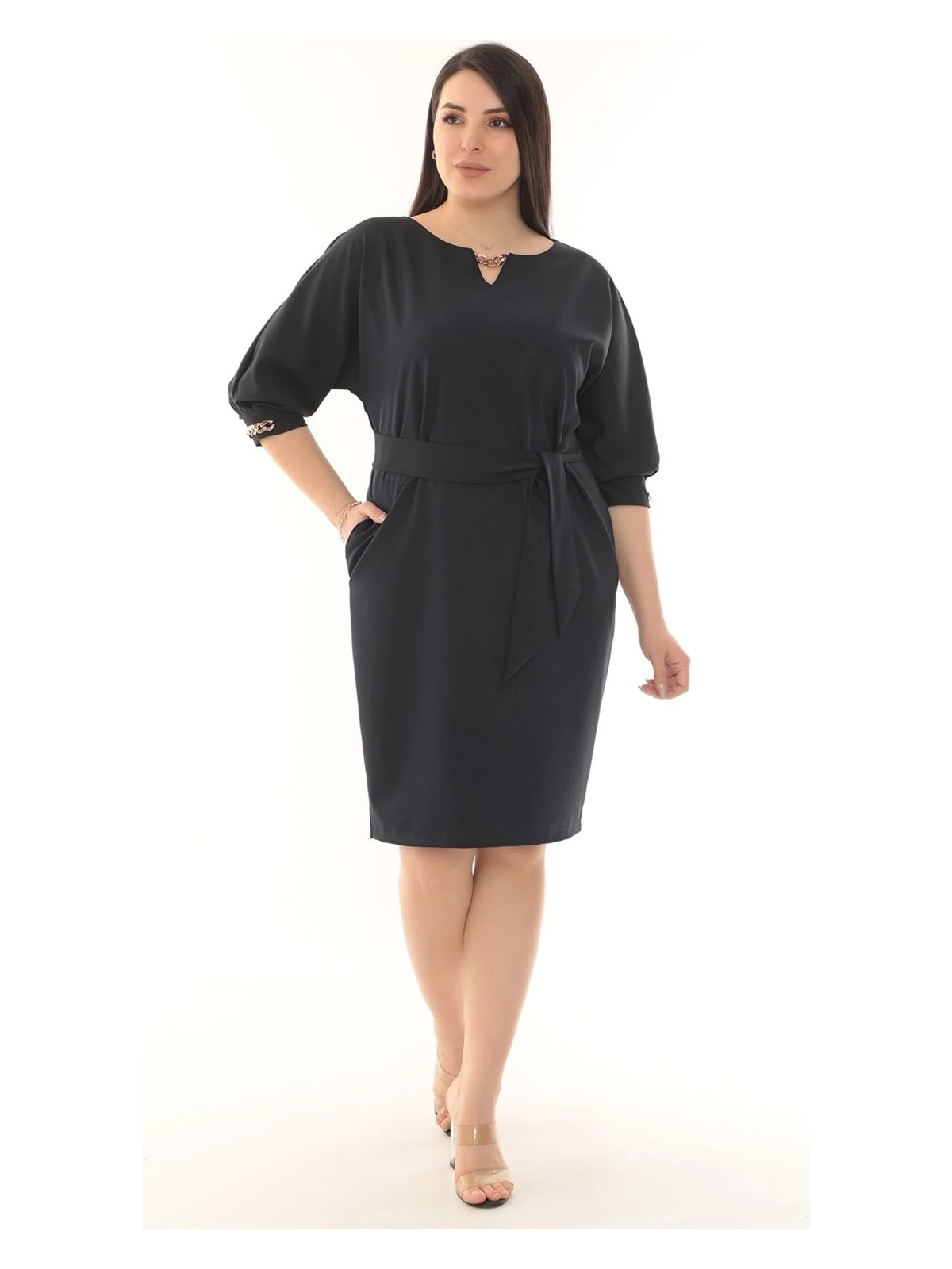 Etselements Bisiklet Yaka Zincir Detaylı Kuşaklı Düz Renk Midi Elbise ETS3391 - Görsel 3