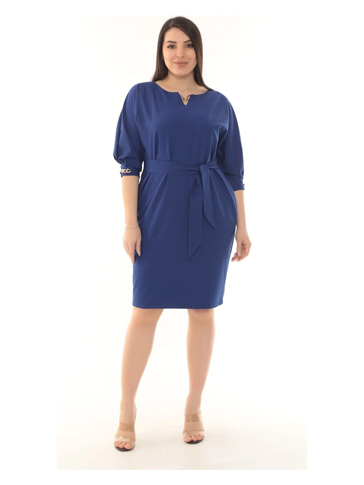 Etselements Bisiklet Yaka Zincir Detaylı Kuşaklı Düz Renk Midi Elbise ETS3391