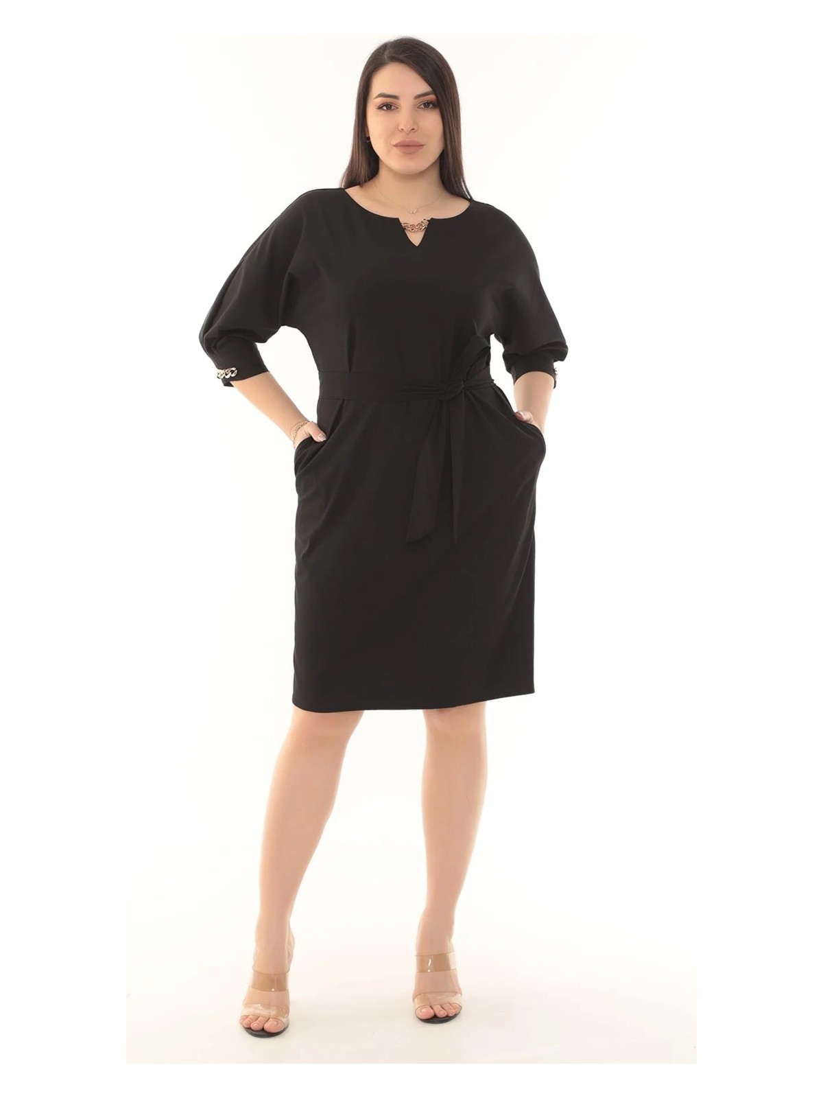 Etselements Bisiklet Yaka Zincir Detaylı Kuşaklı Düz Renk Midi Elbise ETS3391 - Görsel 5