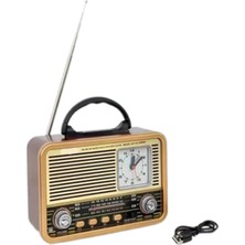 Şarjlı Nostalji Görünümlü Dijital Masa Saati Radio Bluetooth-Fm-Mp3 Fener Işıldak Açık Kahve
